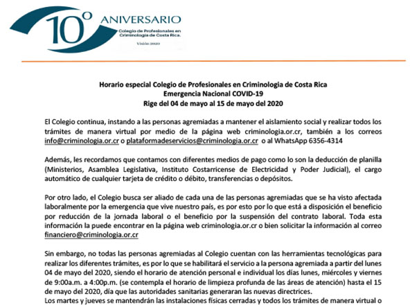 Horario especial emergencia nacional COVID-19