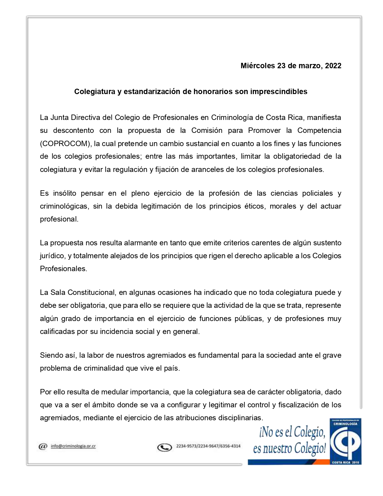 Comunicado CPCCR con respecto a la propuesta de COPROCOM