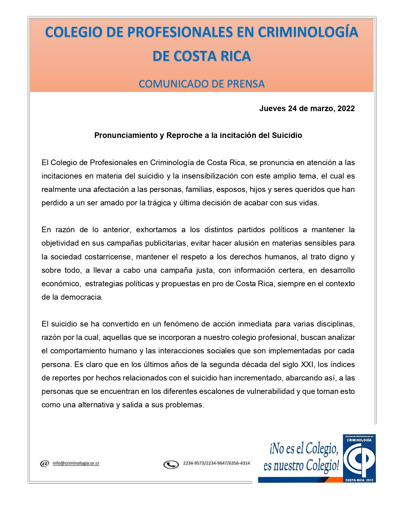 Pronunciamiento y reproche a la incitación del Suicidio